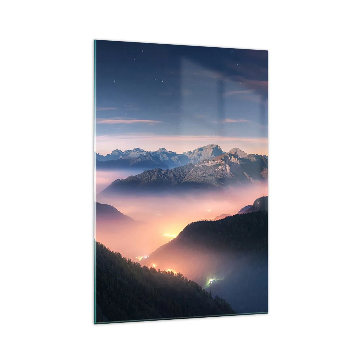 Quadro su vetro - Un paesaggio montano con una valle piena di nebbia - 70x100cm - La luce nelle valli - Decorazione murale moderna per soggiorno e camera da letto ARTTOR
