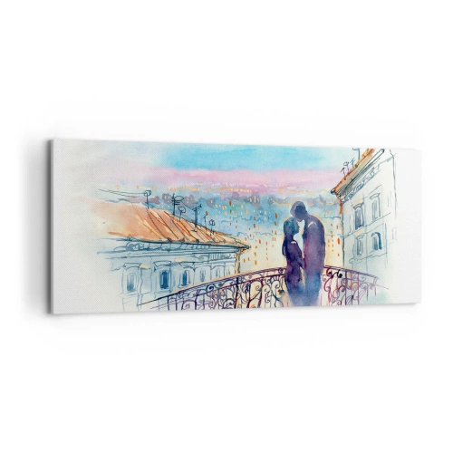 Quadro su tela - Stampe su Tela - Coppia romantica su un balcone con vista sulla città - 120x50cm - Amanti parigini - Decorazione murale moderna per soggiorno e camera da letto ARTTOR