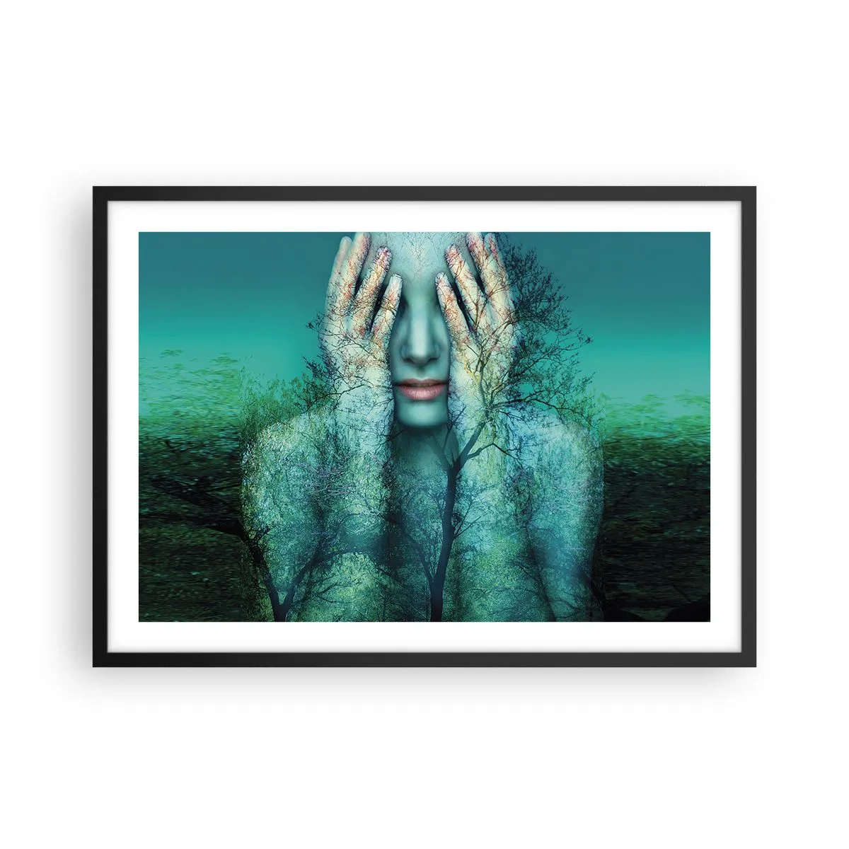 Poster in cornice nera - Una figura femminile con un motivo ad albero su uno sfondo paesaggistico turchese - 70x50cm - Immersa nel blu - Decorazione murale moderna per soggiorno e camera da letto ARTTOR