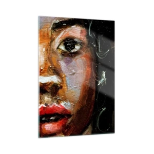 Quadro su vetro - Frammento di un ritratto colorato di una donna in stile pittorico - 50x70cm - Oscurità e luce - Decorazione murale moderna per soggiorno e camera da letto ARTTOR