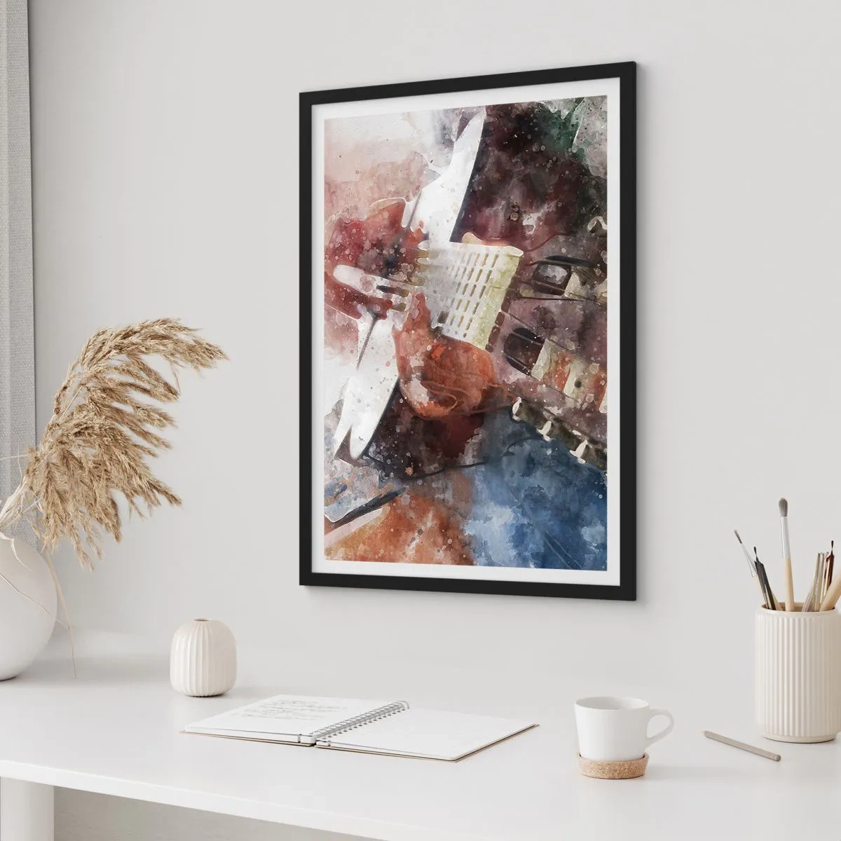 Poster in cornice nera - Rappresentazione artistica di una chitarra in stile acquerello - 50x70cm - E tu che ne pensi? - Decorazione murale moderna per soggiorno e camera da letto ARTTOR