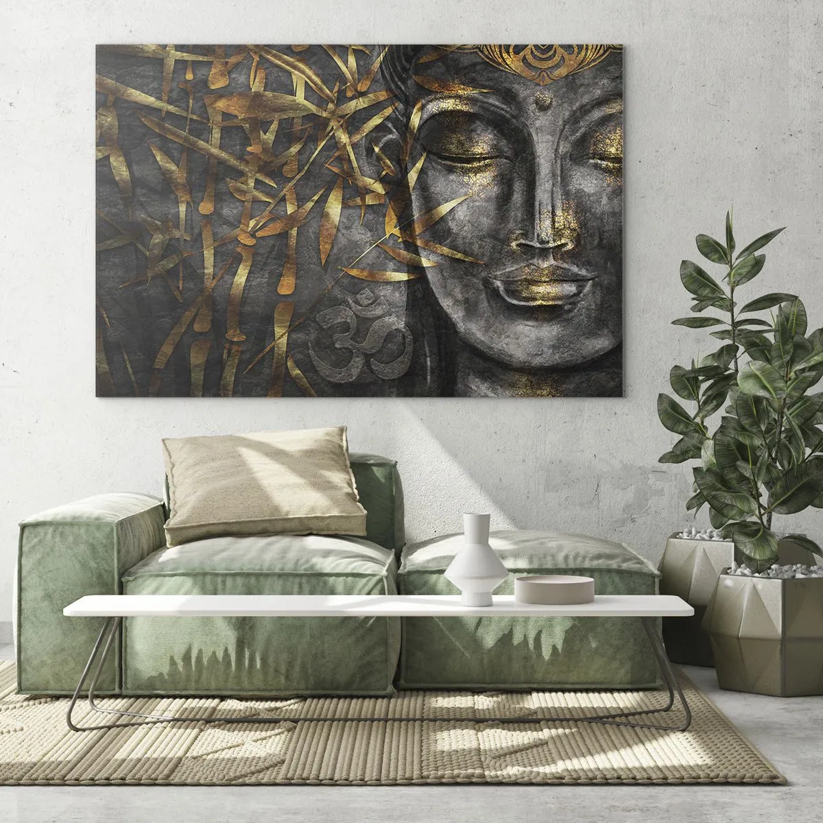 Quadro su vetro - Immagine del Buddha dorato su uno sfondo di bambù - 120x80cm - Senti la pace - Decorazione murale moderna per soggiorno e camera da letto ARTTOR
