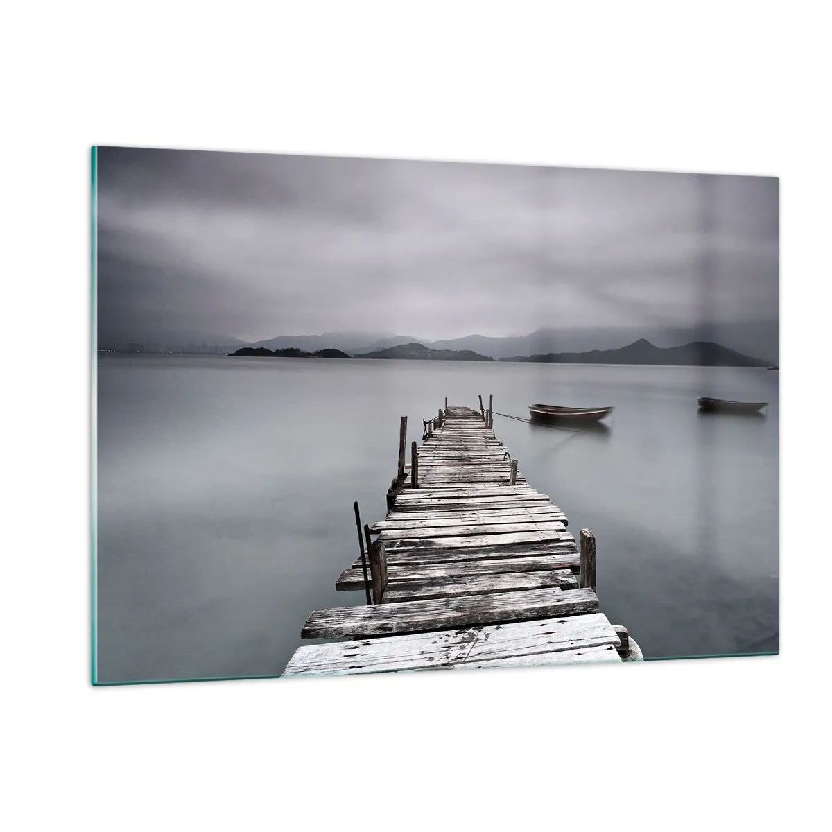 Quadro su vetro - Un molo di legno su un lago in una giornata nebbiosa - 120x80cm - Domani puoi partire - Decorazione murale moderna per soggiorno e camera da letto ARTTOR