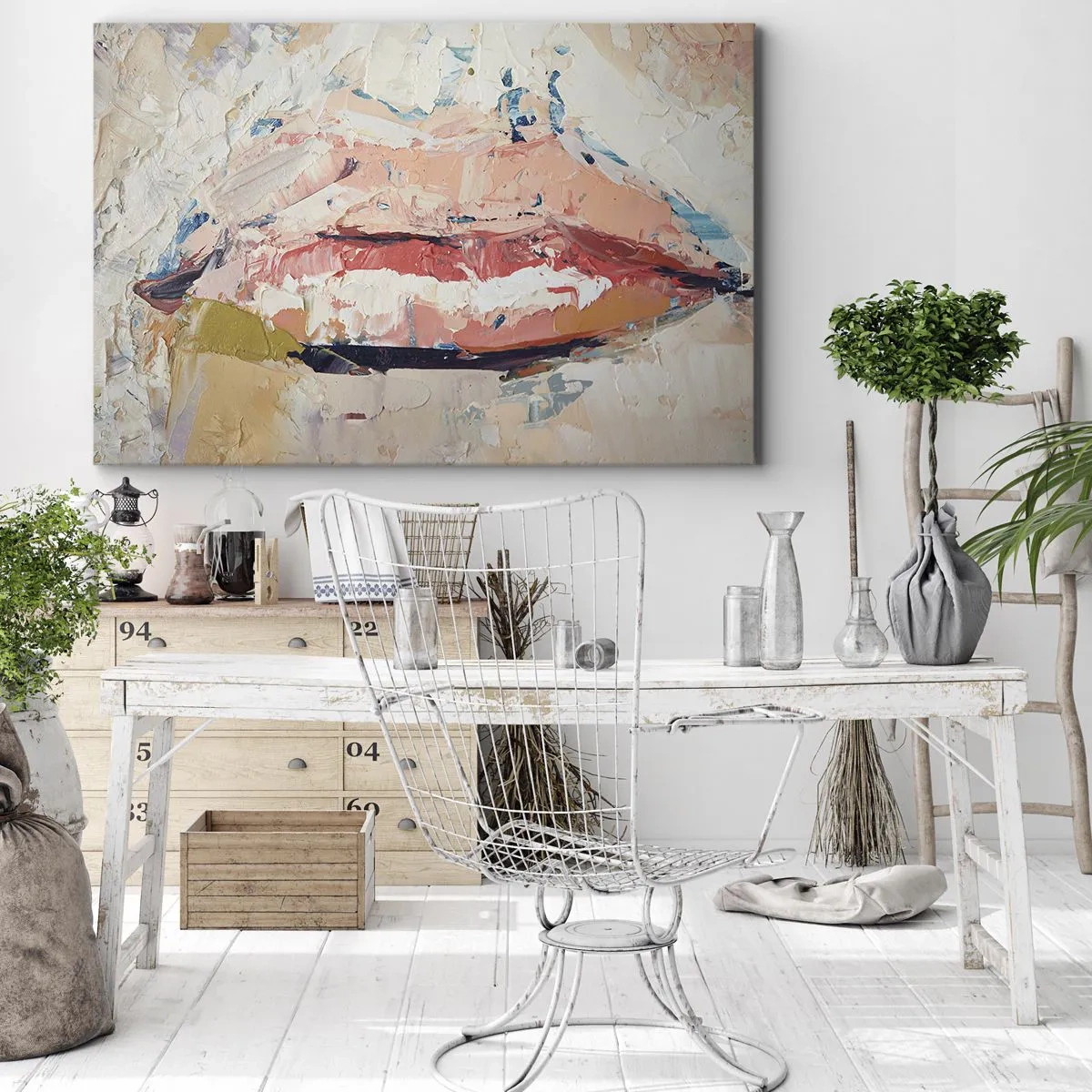 Quadro su tela - Stampe su Tela - Una composizione astratta che raffigura le labbra di una donna in colori pastello. - 70x50cm - Risveglia i sensi - Decorazione murale moderna per soggiorno e camera da letto ARTTOR