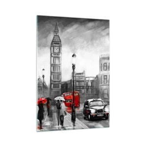 Quadro su vetro - Il Big Ben e le strade di Londra con accenti rossi su sfondo grigio - 50x70cm - Una città per niente grigia - Decorazione murale moderna per soggiorno e camera da letto ARTTOR