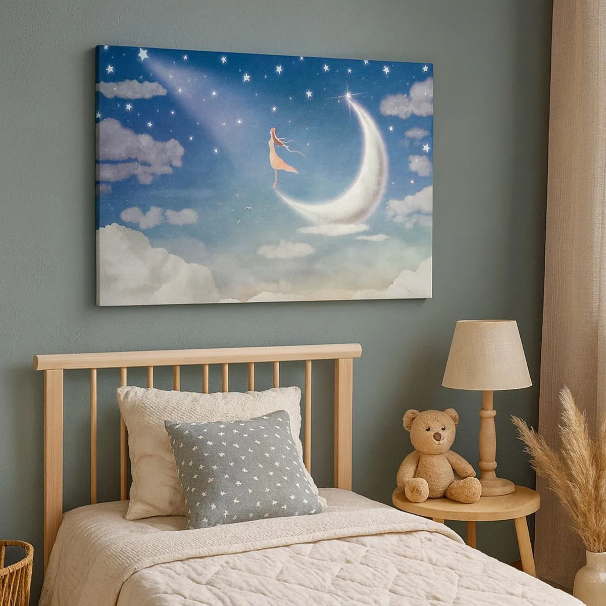 Quadro su tela - Stampe su Tela - Una donna sulla luna circondata da stelle e nuvole - 70x50cm - Seduttrice celeste - Decorazione murale moderna per soggiorno e camera da letto ARTTOR
