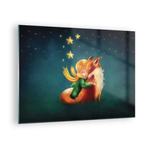 Quadro su vetro - Il Piccolo Principe abbraccia una volpe sotto un cielo stellato - 70x50cm - Il piccolo principe - Decorazione murale moderna per soggiorno e camera da letto ARTTOR