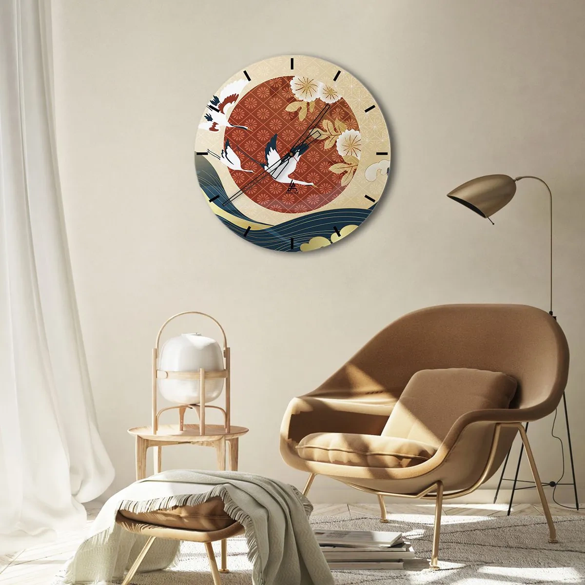 Orologio da parete - Orologio in Vetro - Gru giapponesi su uno sfondo di un cerchio rosso e onde stilizzate. - 30x30cm - Favola giapponese - Decorazione murale moderna per soggiorno, cucina e camera da letto ARTTOR
