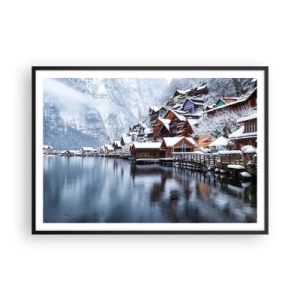 Poster in cornice nera - Vista invernale di un villaggio di montagna in riva al lago - 100x70cm - Decorazione invernale - Decorazione murale moderna per soggiorno e camera da letto ARTTOR
