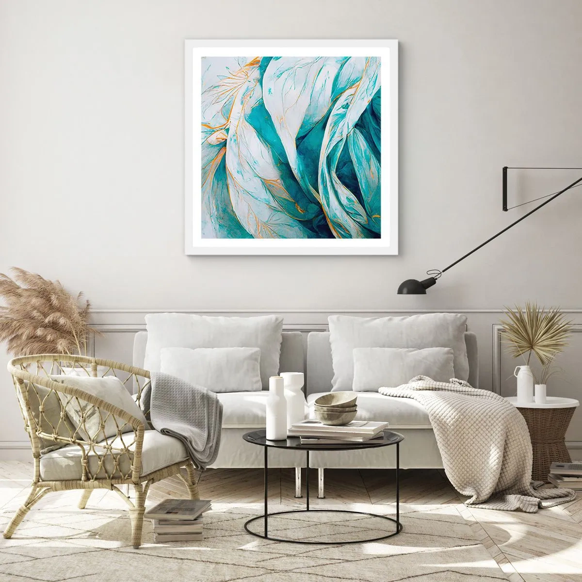 Poster in cornice bianca - Astrazione blu con motivi d'oro - 30x30 cm