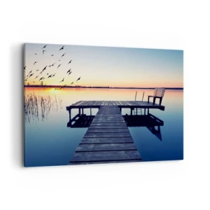 Quadro su tela - Stampe su Tela - Molo di legno su un lago all'alba con uccelli - 100x70cm - È stata una buona giornata - Decorazione murale moderna per soggiorno e camera da letto ARTTOR