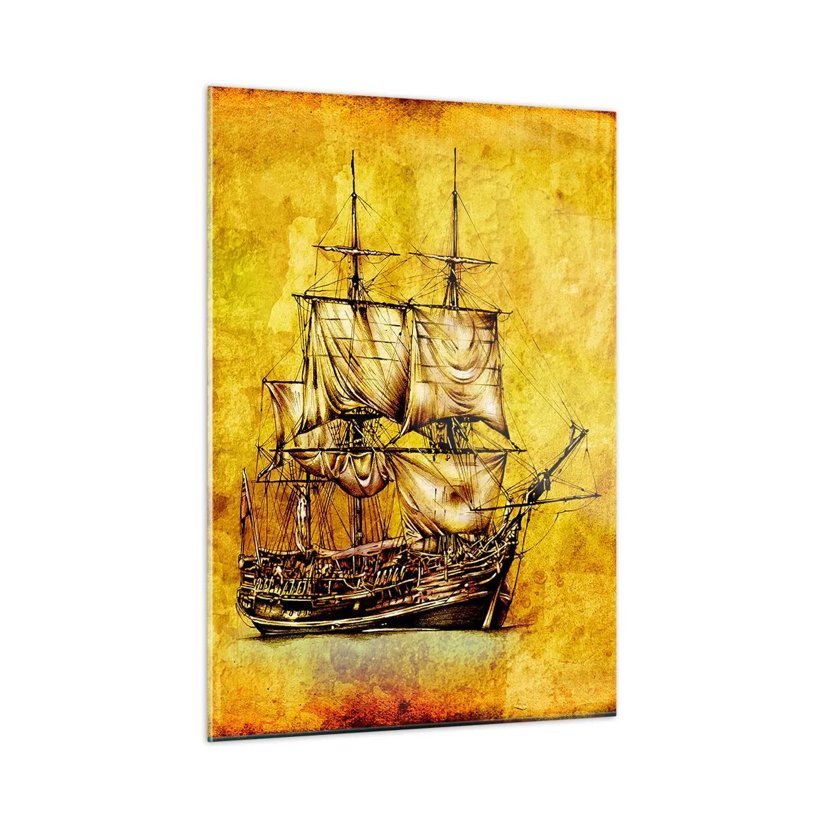 Quadro su vetro - Un veliero storico sullo sfondo di una pergamena stilizzata - 50x70cm - Verso la Tortuga! - Decorazione murale moderna per soggiorno e camera da letto ARTTOR