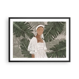 Poster in cornice nera - Ritratto di una donna in abito bianco su uno sfondo di foglie di monstera - 70x50cm - Ritratto esotico - Decorazione murale moderna per soggiorno e camera da letto ARTTOR