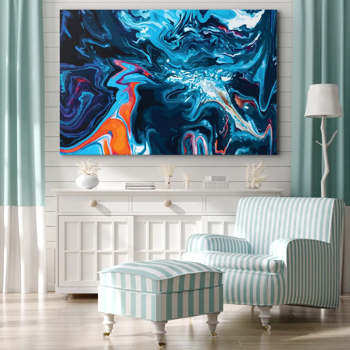 Quadro su tela - Stampe su Tela - Un motivo astratto nelle tonalità del blu con accenti arancioni. - 120x80cm - Viaggio al centro del cielo - Decorazione murale moderna per soggiorno e camera da letto ARTTOR