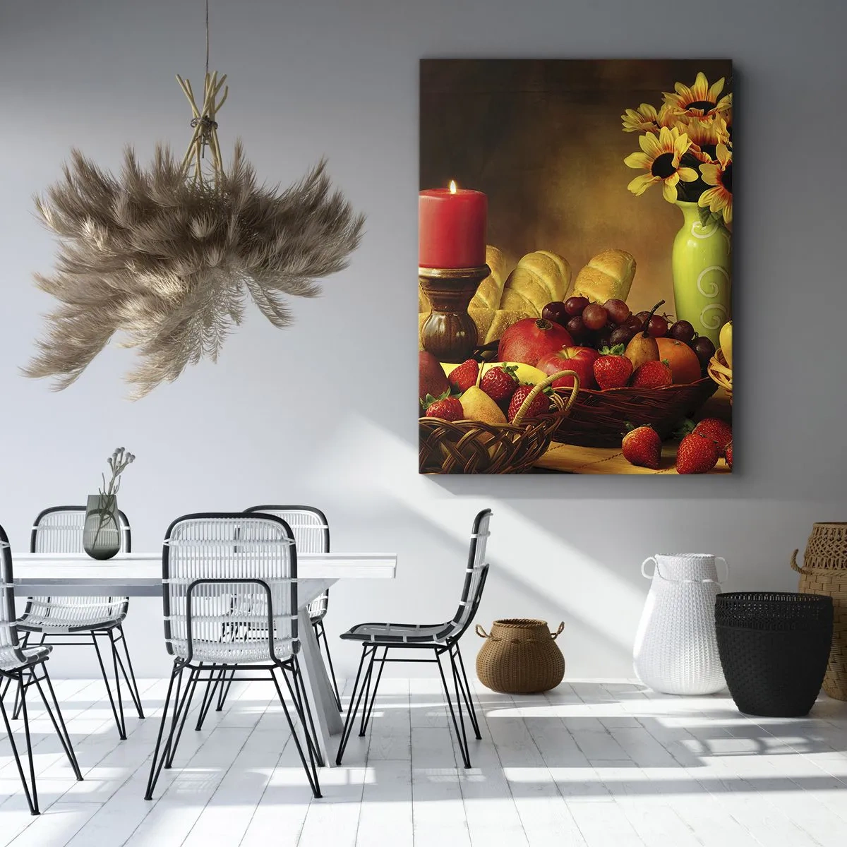 Quadro su tela - Stampe su Tela - Natura morta con frutta, pane, candela e fiori - 50x70cm - Natura morta con pane e frutta - Decorazione murale moderna per soggiorno e camera da letto ARTTOR
