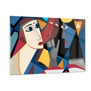 Quadro su vetro - Volti cubisti dai colori intensi - 120x80cm - Dialogo di cubisti - Decorazione murale moderna per soggiorno e camera da letto ARTTOR