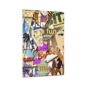 Quadro su vetro - Un collage colorato con elementi retrò e pop art. - 70x100cm - Retrospettiva di vacanza - Decorazione murale moderna per soggiorno e camera da letto ARTTOR