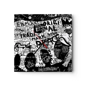 Orologio da parete - Orologio in Vetro - Grafica in bianco e nero con motivi graffiti - 30x30cm - Il ricco mondo della strada - Decorazione murale moderna per soggiorno e camera da letto ARTTOR