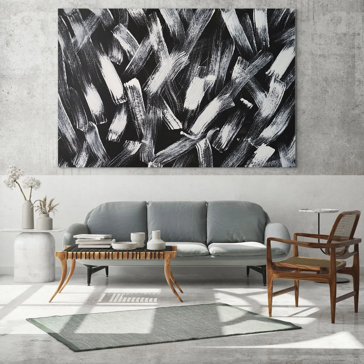 Quadro su vetro - Astrazione in bianco e nero di pennellate su uno sfondo scuro - 100x70cm - Astrazione in spirito industriale - Decorazione murale moderna per soggiorno e camera da letto ARTTOR