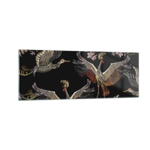 Quadro su vetro - Gru e fiori eleganti su sfondo nero - 140x50cm - Uccello fantastico - Decorazione murale moderna per soggiorno e camera da letto ARTTOR
