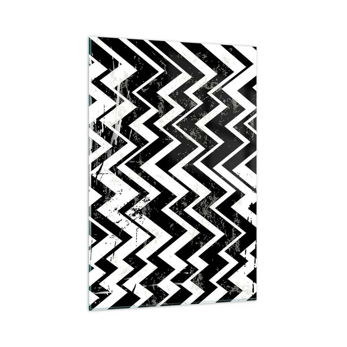 Quadro su vetro - Motivo a zigzag bianco e nero con abrasioni artistiche - 80x120cm - Zig-bianco, zag-nero - Decorazione murale moderna per soggiorno e camera da letto ARTTOR