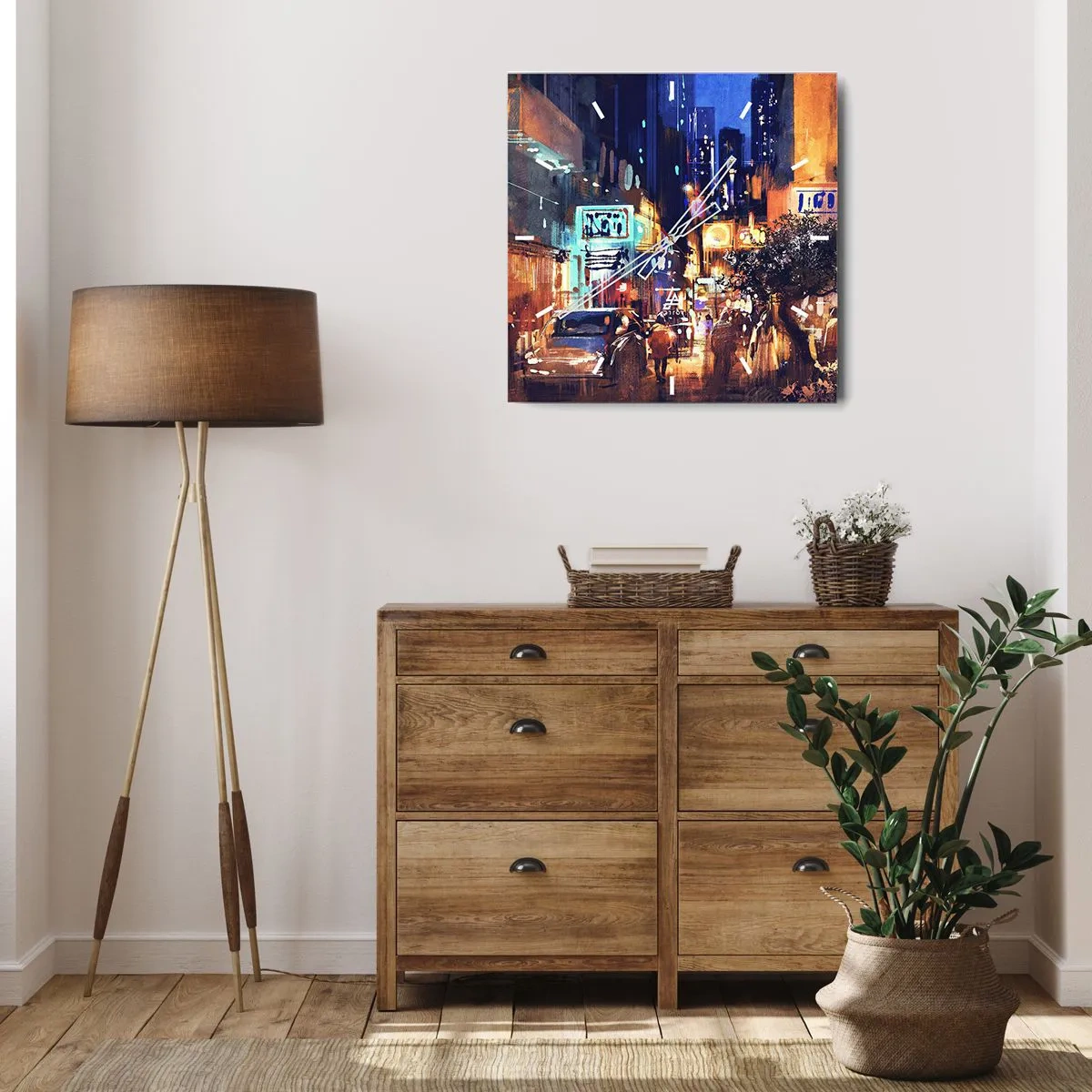 Orologio da parete - Orologio in Vetro - Paesaggio urbano serale in stile impressionista - 30x30cm - Ma la città non dorme - Decorazione murale moderna per soggiorno e camera da letto ARTTOR