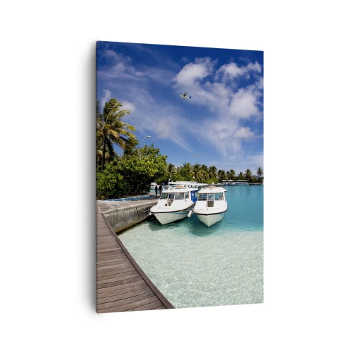 Quadro su tela - Stampe su Tela - Un molo su un mare turchese con barche e palme - 70x100cm - Il paradiso esiste davvero - Decorazione murale moderna per soggiorno e camera da letto ARTTOR