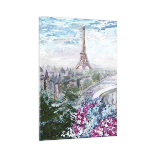 Quadro su vetro - Illustrazione di una vista della Torre Eiffel con un balcone pieno di fiori - 50x70cm - Bellissimo qui a maggio - Decorazione murale moderna per soggiorno e camera da letto ARTTOR