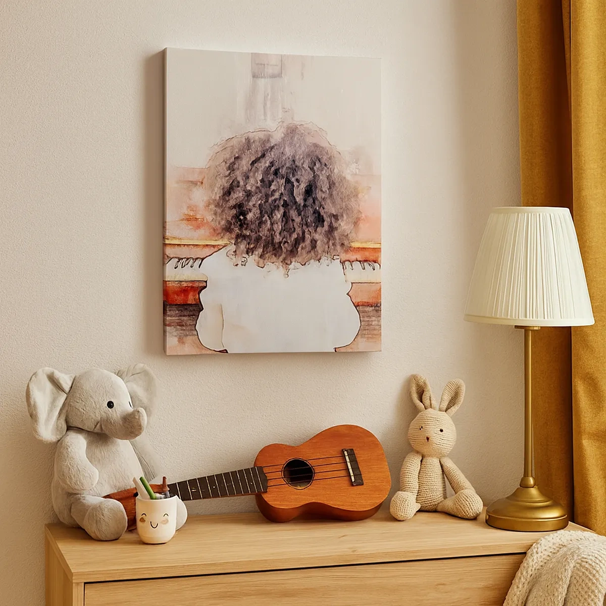 Quadro su tela - Stampe su Tela - Una ragazza con i capelli folti al pianoforte - 50x70cm - Nel nuovo mondo - Decorazione murale moderna per soggiorno e camera da letto ARTTOR