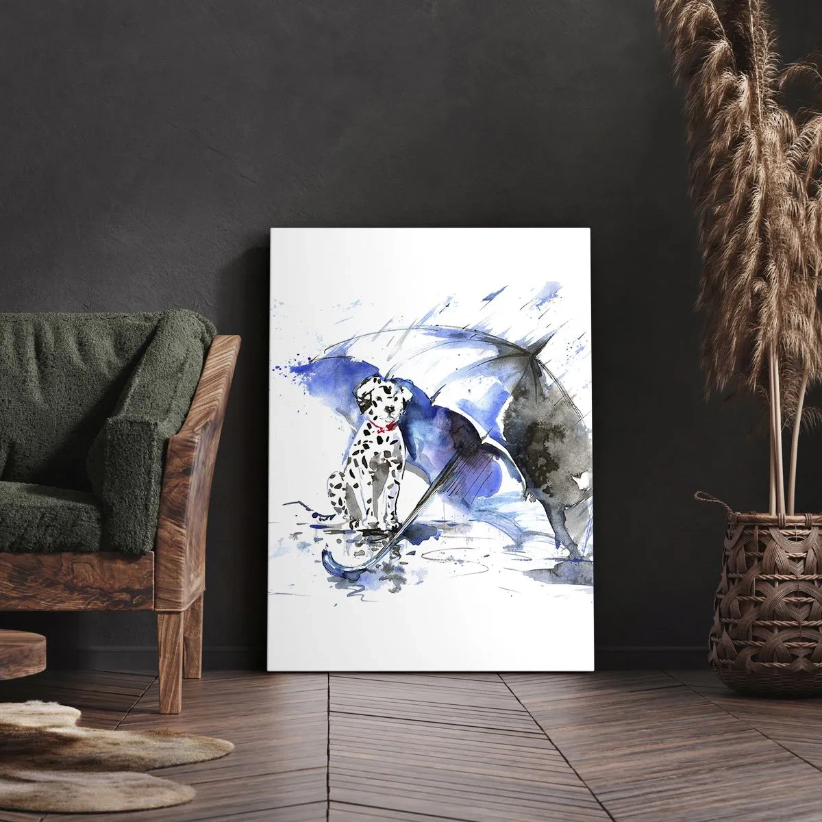 Quadro su tela - Stampe su Tela - Dipinto ad acquerello di un cane dalmata con un ombrello sullo sfondo - 50x70cm - Ecco a cosa serve un amico - Decorazione murale moderna per soggiorno e camera da letto ARTTOR