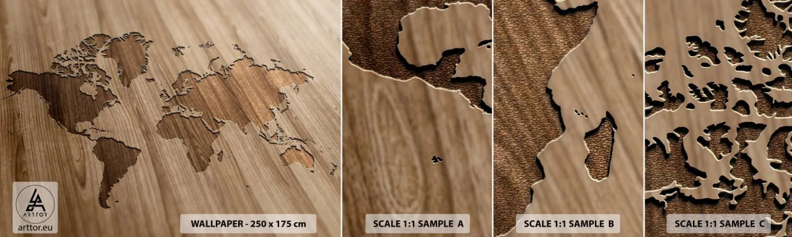 Campione di Fotomurale Adesivo Deluxe Sticker - Il mondo servito a tavola - Mappa del mondo, Legna, Continenti - 100x30 cm