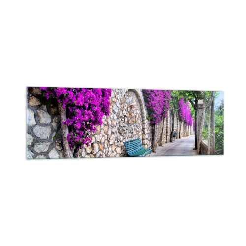 Quadro su vetro - Un sentiero in pietra con una panchina e fiori viola in fiore - 160x50cm - Incontriamoci al più presto - Decorazione murale moderna per soggiorno e camera da letto ARTTOR