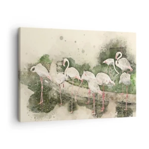 Quadro su tela - Stampe su Tela - Fenicotteri nel loro ambiente naturale in stile acquerello - 70x50cm - Sogno esotico - Decorazione murale moderna per soggiorno e camera da letto ARTTOR