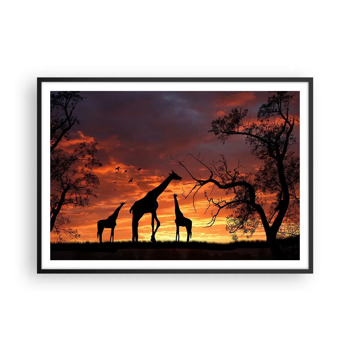 Poster in cornice nera - Sagome di giraffe sullo sfondo del tramonto africano - 100x70cm - Piccola cena tra amici - Decorazione murale moderna per soggiorno e camera da letto ARTTOR