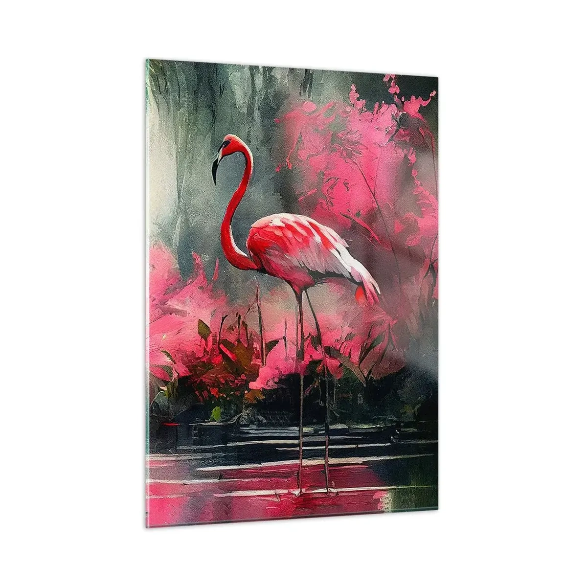 Quadro su vetro - Due fenicotteri in un ambiente tropicale in riva all'acqua - 50x70cm - Lezione di naturale eleganza - Decorazione murale moderna per soggiorno e camera da letto ARTTOR