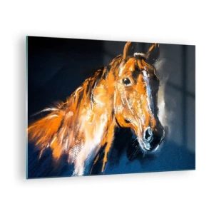 Quadro su vetro - Ritratto di un cavallo in intense tonalità di marrone su sfondo scuro - 70x50cm - Allora, andiamo? - Decorazione murale moderna per soggiorno e camera da letto ARTTOR