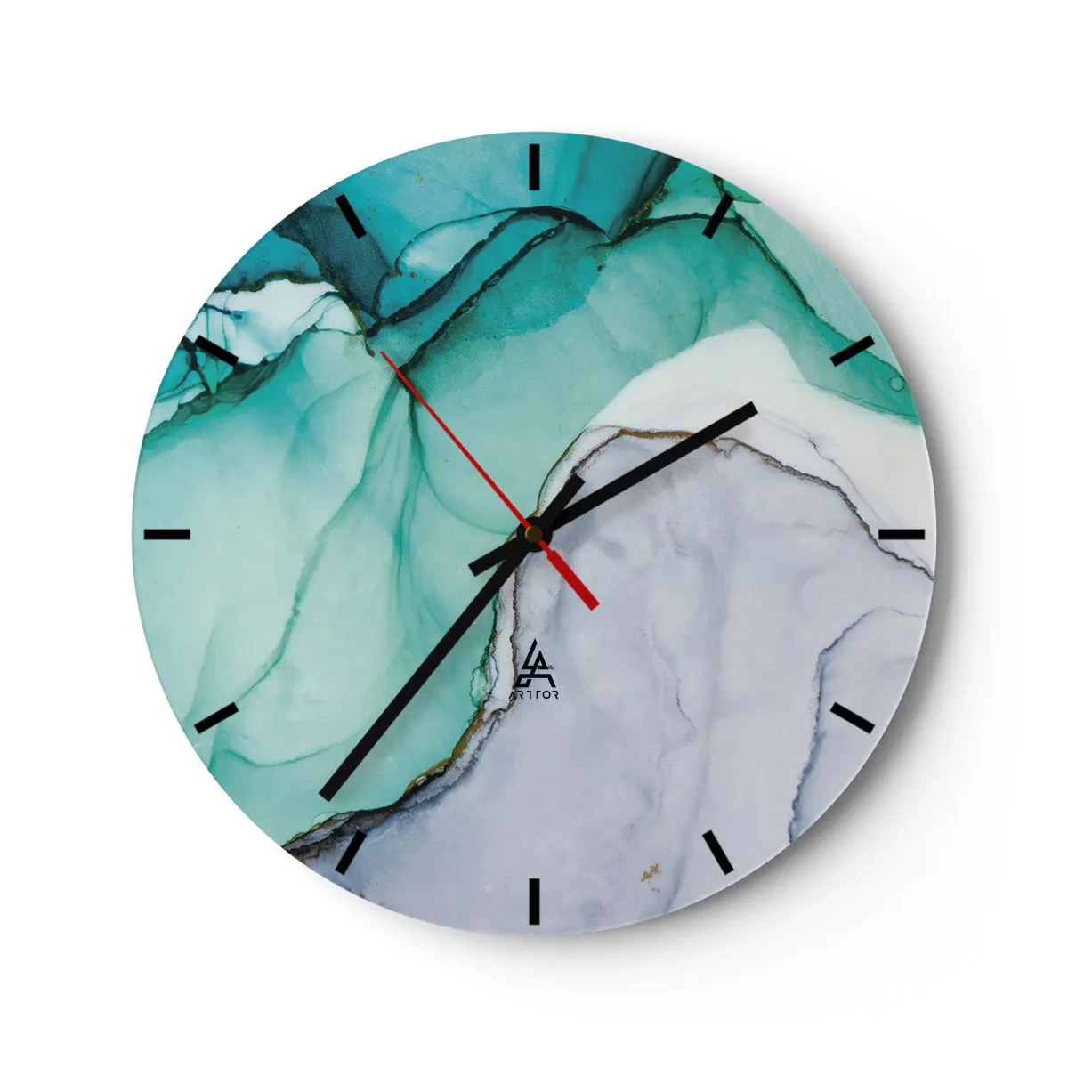Orologio da parete - Orologio in Vetro - Una forma astratta nei toni del turchese e del grigio che ricorda la pietra. - 30x30cm - Studio in turchese - Decorazione murale moderna per soggiorno, cucina e camera da letto ARTTOR