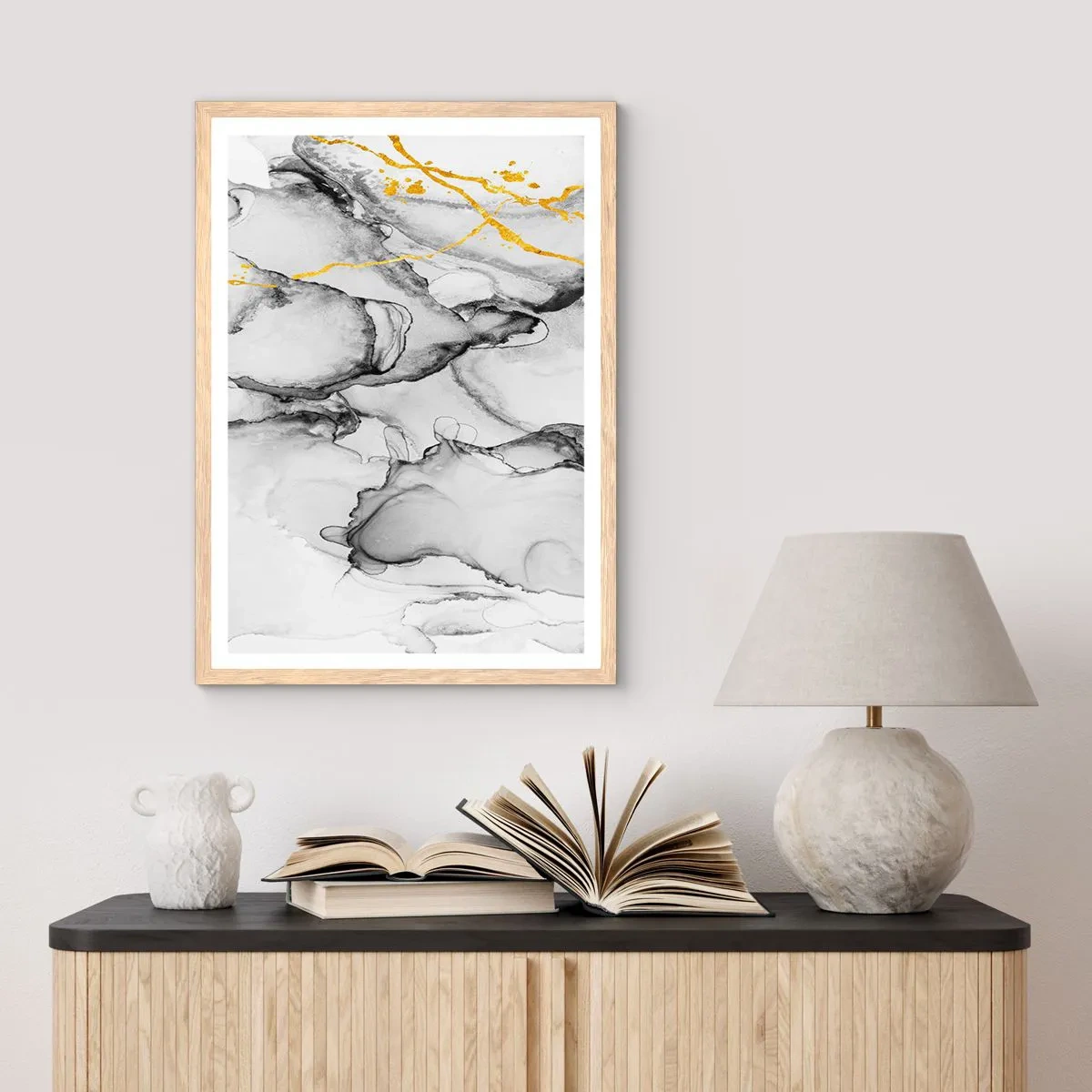 Poster in cornice rovere chiaro - Composizione con motivo d'oro - 61x91 cm