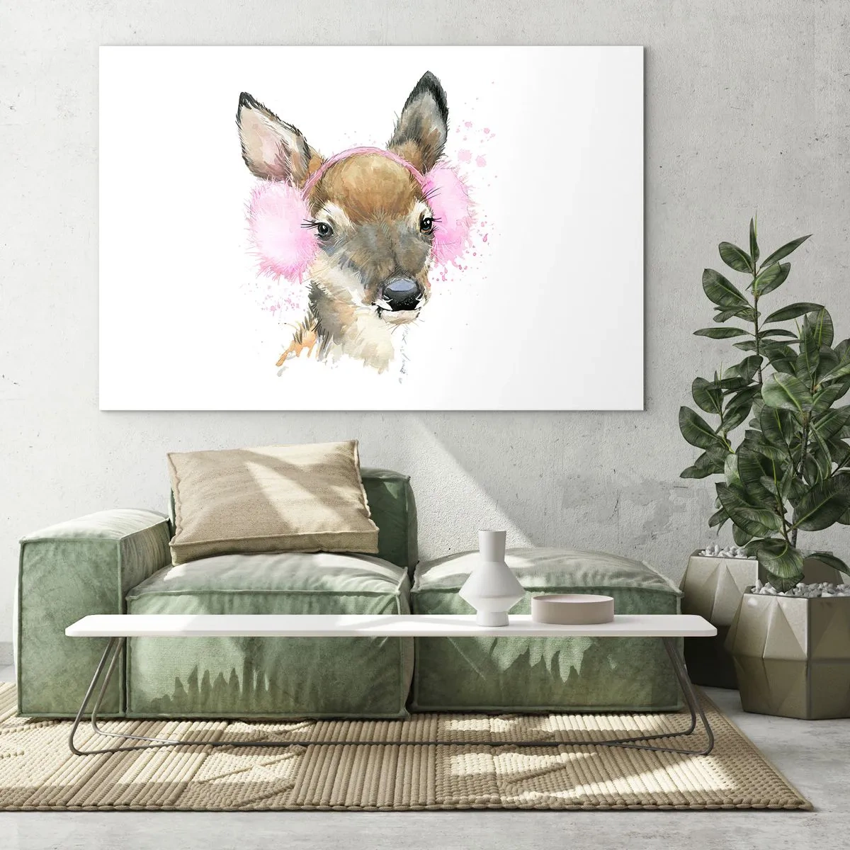Quadro su vetro - Un cervo con paraorecchie di pelliccia rosa - 100x70cm - E il gelo non mette più paura - Decorazione murale moderna per soggiorno e camera da letto ARTTOR
