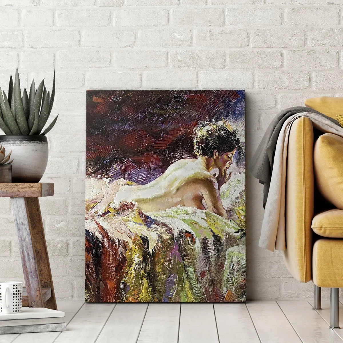 Quadro su tela - Stampe su Tela - Una donna sdraiata su un letto su uno sfondo di colori astratti. - 50x70cm - Venere pensierosa - Decorazione murale moderna per soggiorno e camera da letto ARTTOR