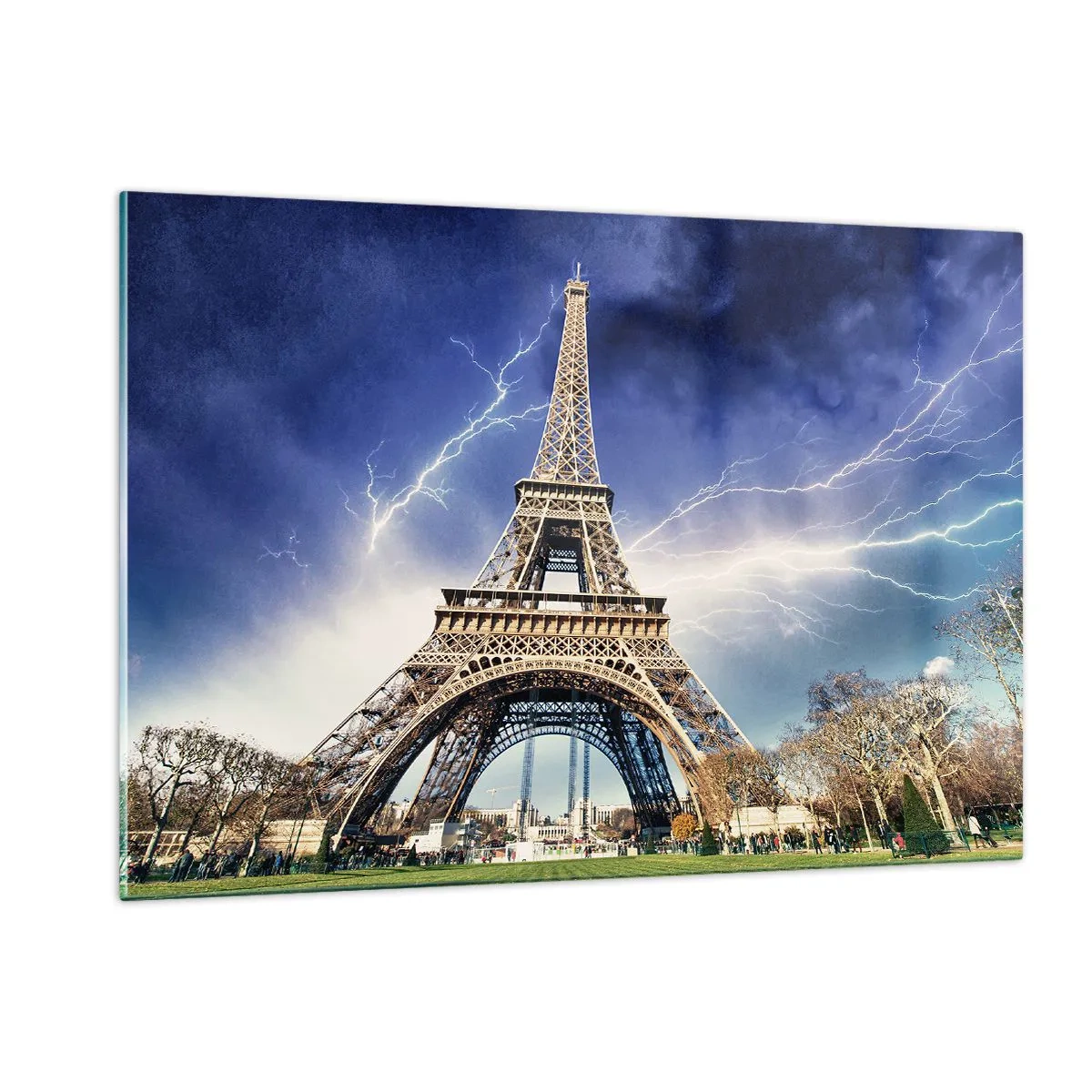 Quadro su vetro - La Torre Eiffel circondata da fulmini in una giornata nuvolosa - 120x80cm - La signora delle tempeste - Decorazione murale moderna per soggiorno e camera da letto ARTTOR