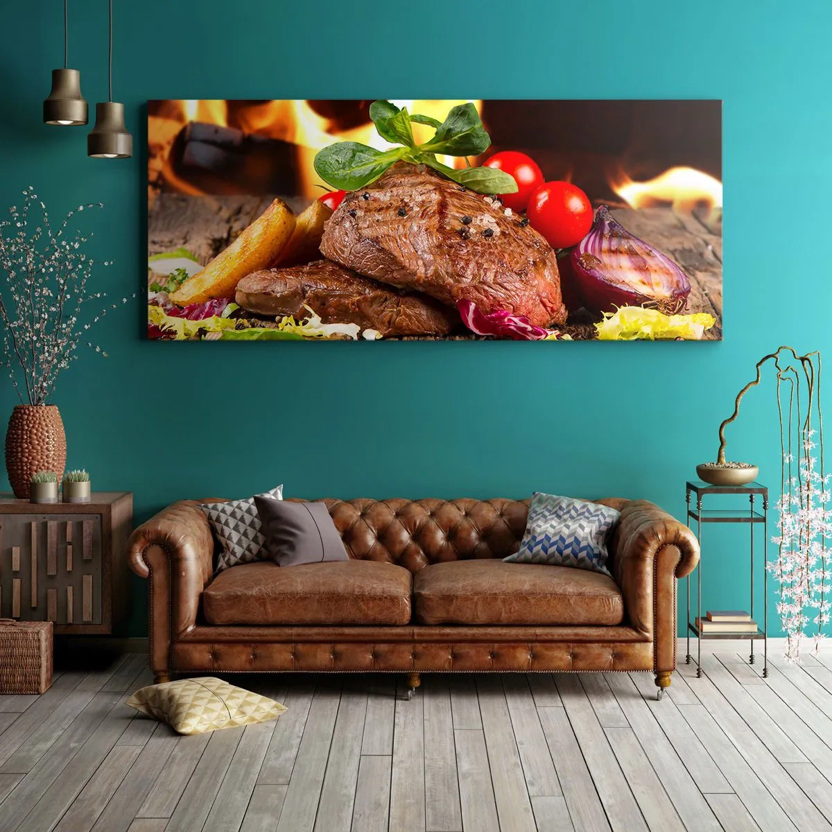 Quadro su tela - Stampe su Tela - Bistecca alla griglia con contorni sullo sfondo delle fiamme - 140x50cm - Incantate dal fuoco - Decorazione murale moderna per soggiorno e camera da letto ARTTOR