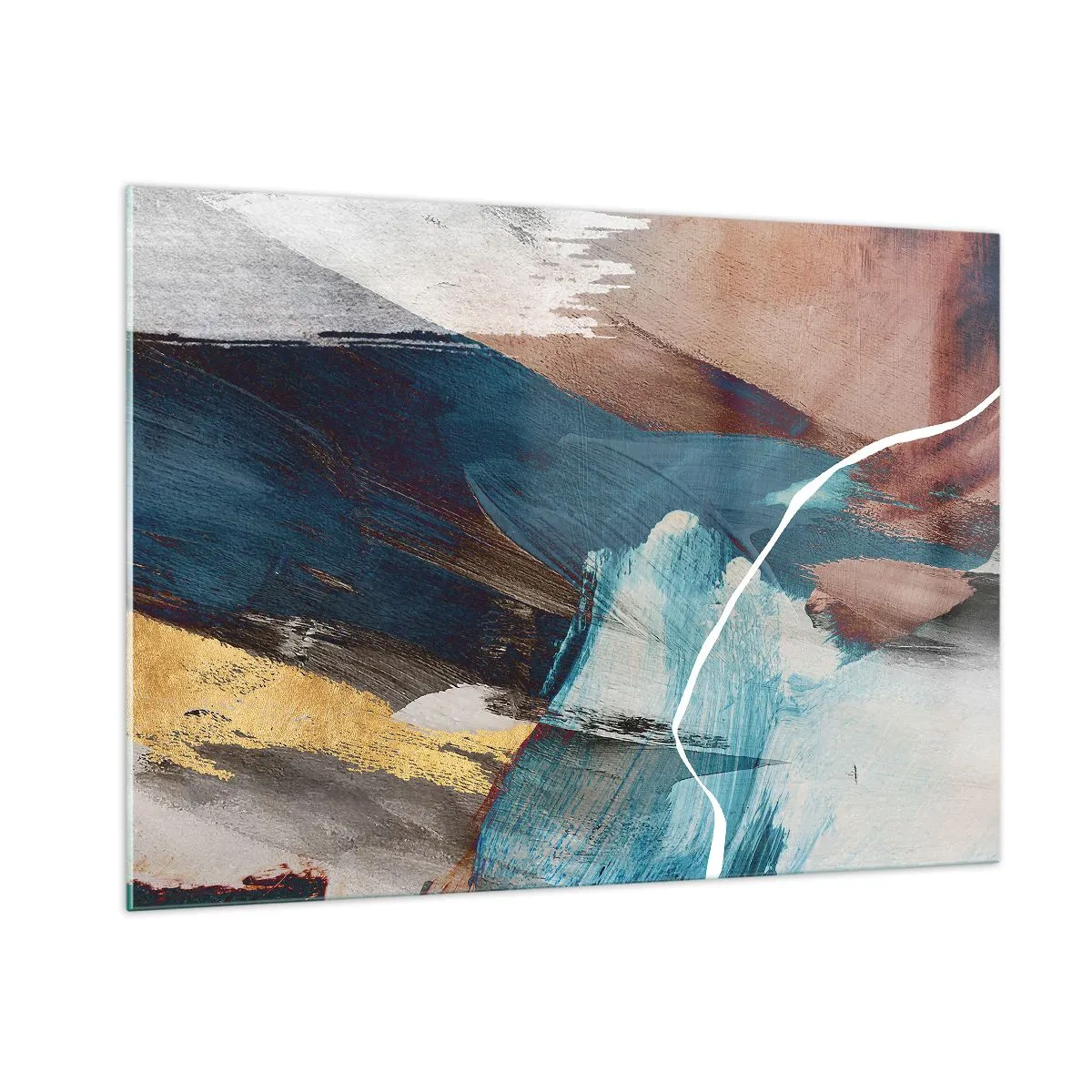 Quadro su vetro - Una composizione astratta in turchese, oro e marrone. - 100x70cm - Con forza ed energia - Decorazione murale moderna per soggiorno e camera da letto ARTTOR