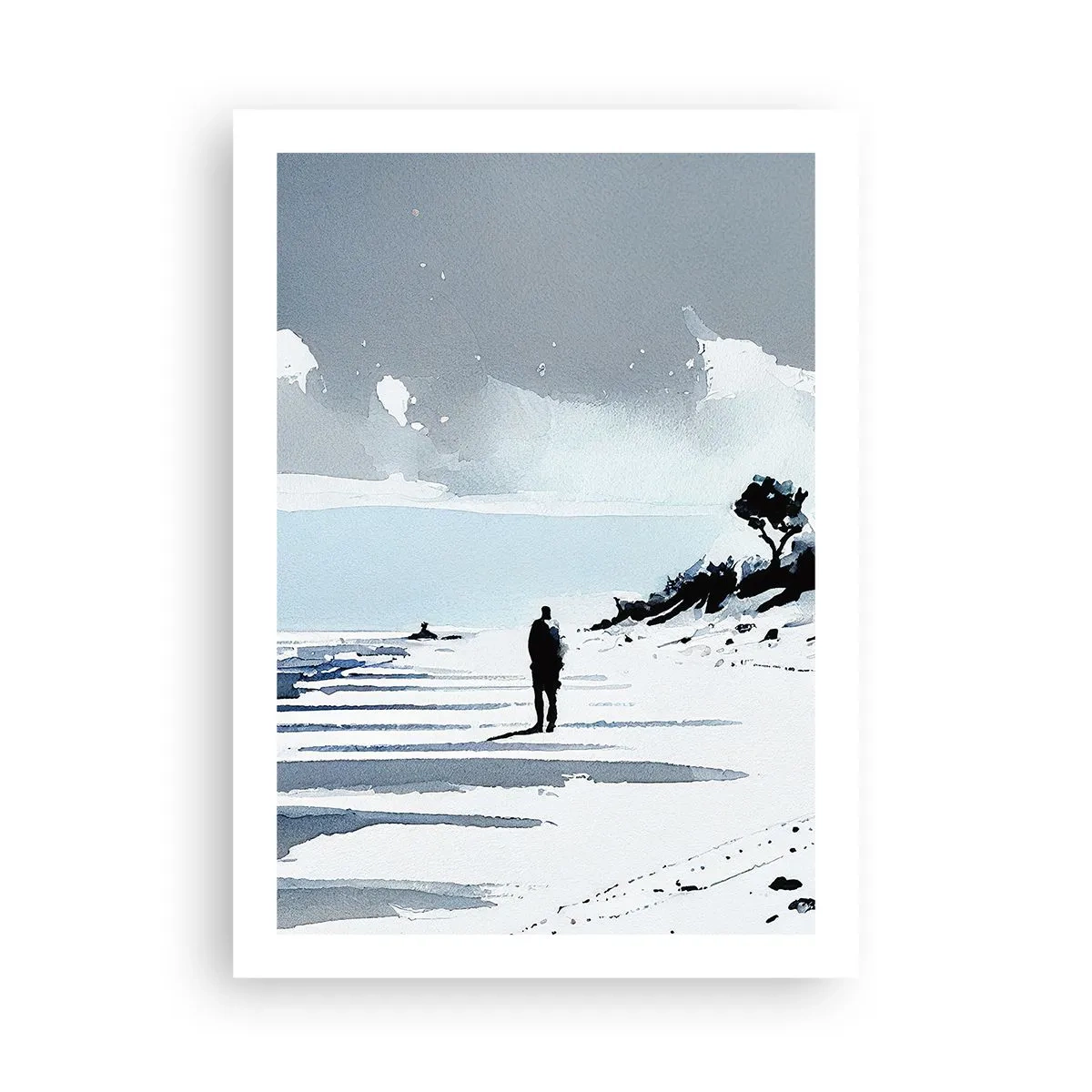 Poster - Una figura solitaria sulla spiaggia nei toni dell'acquerello - 50x70cm - Solo con se stesso - Decorazione murale moderna per soggiorno e camera da letto ARTTOR