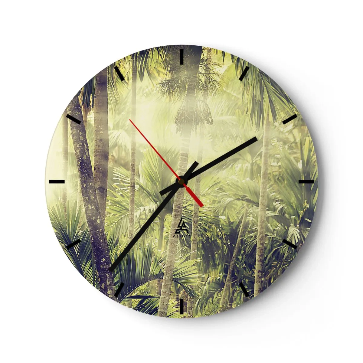 Orologio da parete - Orologio in Vetro - Foresta tropicale di palme sotto i raggi del sole - 30x30cm - Nell'afa verde - Decorazione murale moderna per soggiorno, cucina e camera da letto ARTTOR