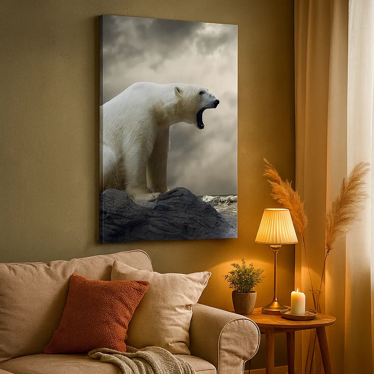Quadro su tela - Stampe su Tela - Un orso polare sulle rocce sopra un mare in tempesta - 50x70cm - Il re solitario dell'Artide - Decorazione murale moderna per soggiorno e camera da letto ARTTOR