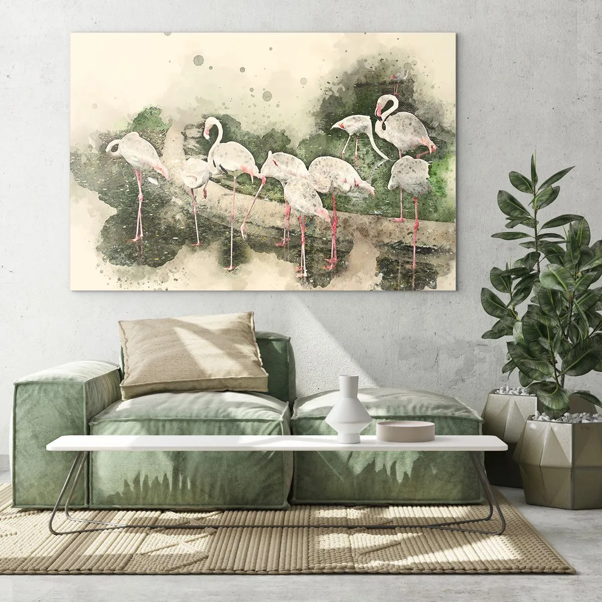 Quadro su vetro - Fenicotteri sullo sfondo di una composizione ad acquerello - 100x70cm - Sogno esotico - Decorazione murale moderna per soggiorno e camera da letto ARTTOR
