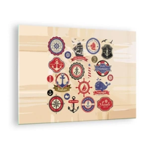 Quadro su vetro - Emblemi e simboli nautici su sfondo beige - 70x50cm - Fratellanza di vela - Decorazione murale moderna per soggiorno e camera da letto ARTTOR