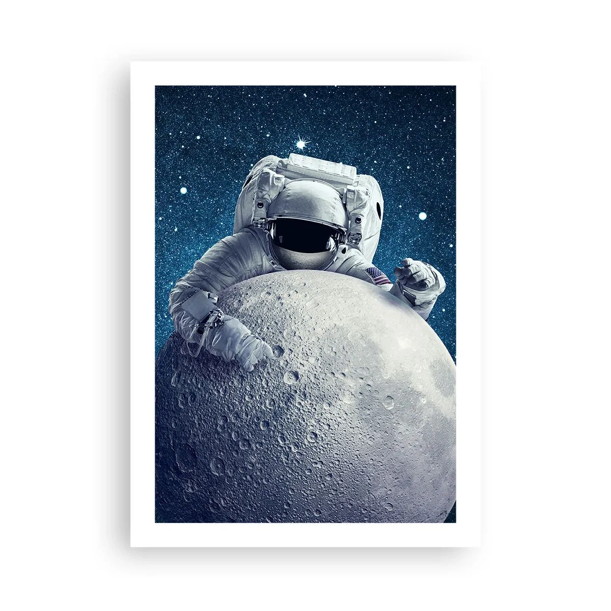Poster - Un astronauta tiene in mano un pezzo di luna contro un cielo stellato. - 50x70cm - Burlone spaziale - Decorazione murale moderna per soggiorno e camera da letto ARTTOR