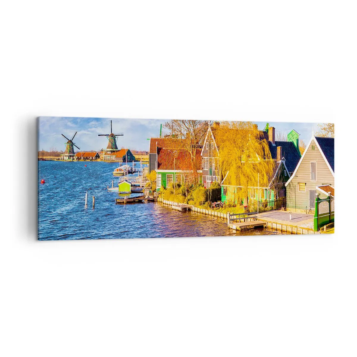 Quadro su tela - Stampe su Tela - Case pittoresche e mulini a vento in riva all'acqua - 140x50cm - Da secoli immutabile - Decorazione murale moderna per soggiorno e camera da letto ARTTOR